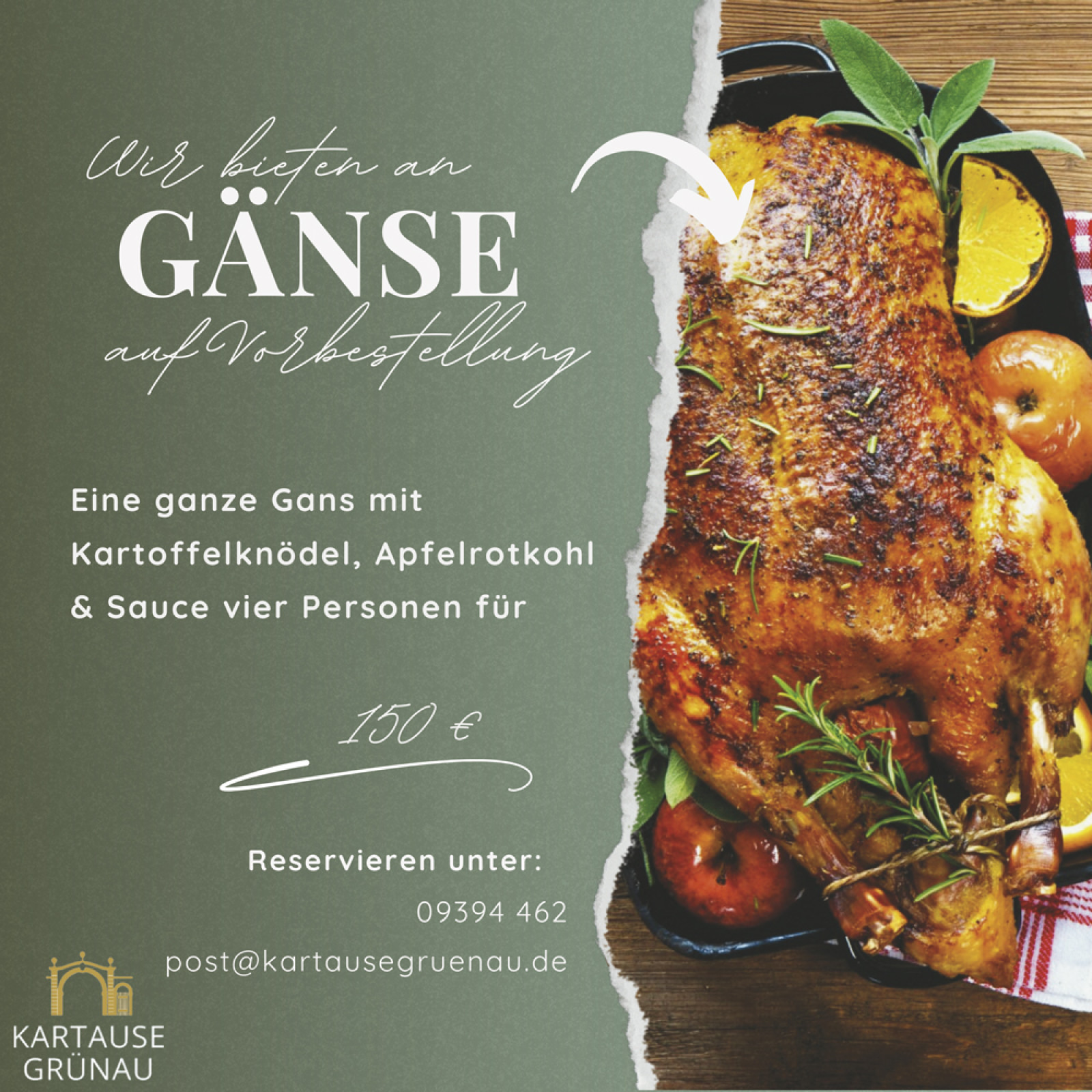 Angebot für eine ganze Gans mit Kartoffelknödel, Apfelrotkohl und Sauce für vier Personen.