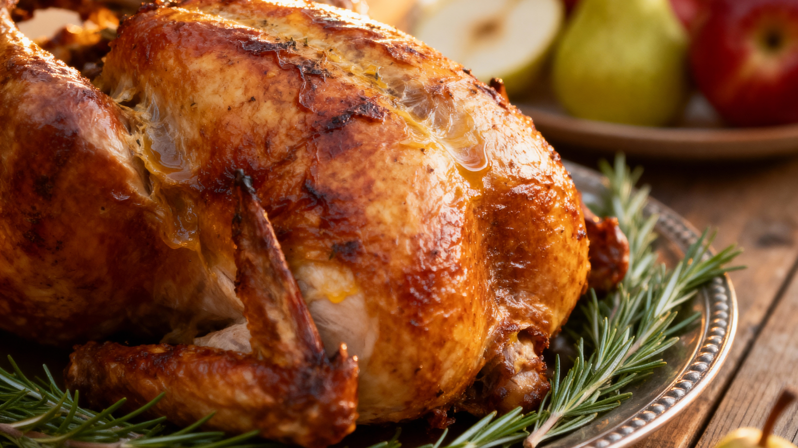 Gebackener Truthahn auf Teller, umgeben von Rosmarin und herbstlichen Früchten auf Holztisch.